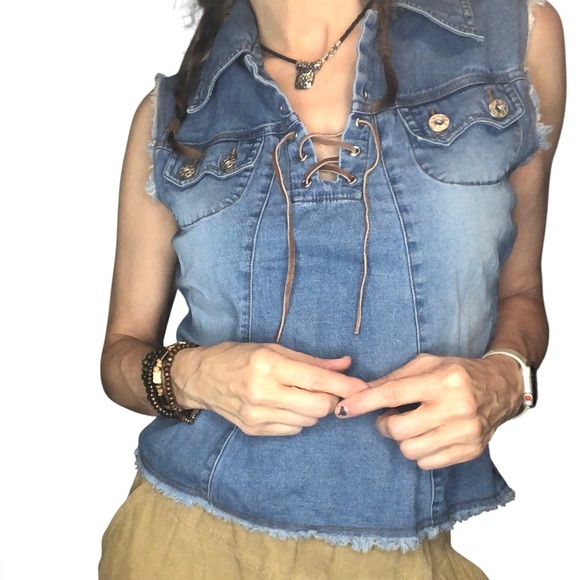 Vtg 90’s Y2K Periscope Denim Boho Top Shirt Sz M Corset Neckline Casual Western - Picture 3 of 8